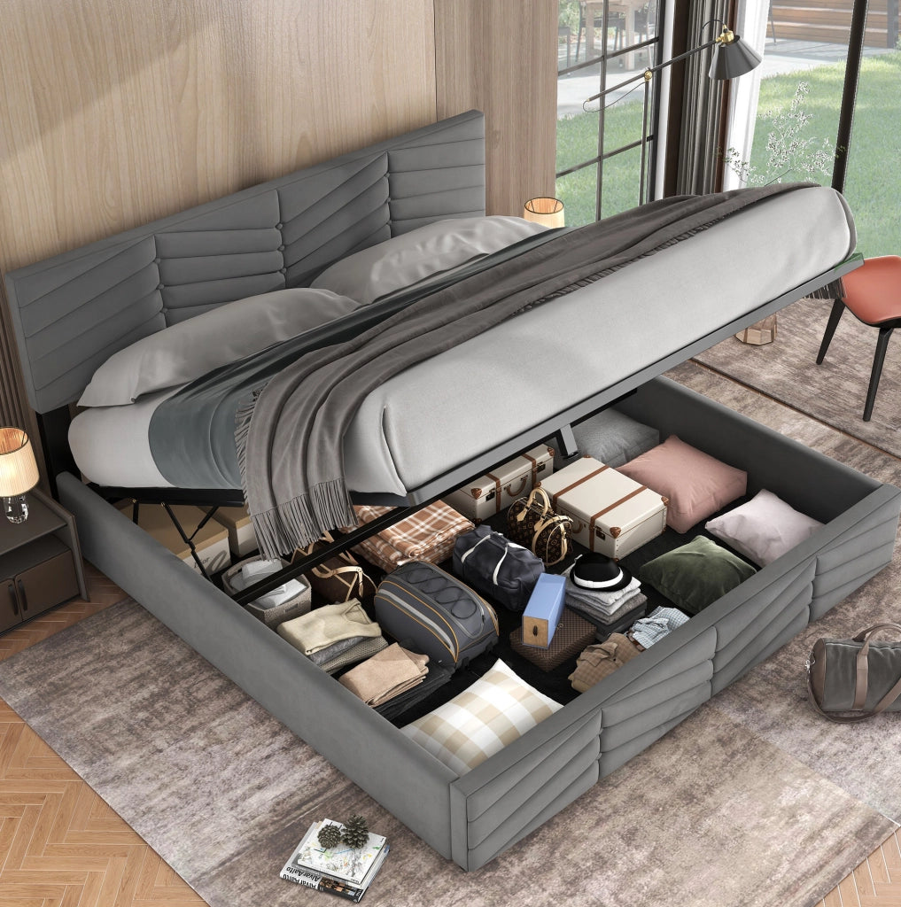 Letto imbottito matrimoniale 180x200 cm in velluto grigio con testiera regolabile e contenitore