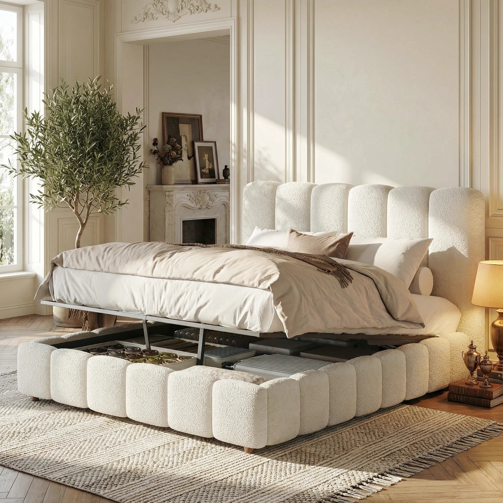Letto imbottito con contenitore idraulico e testiera, 140x200 cm, bouclé bianco
