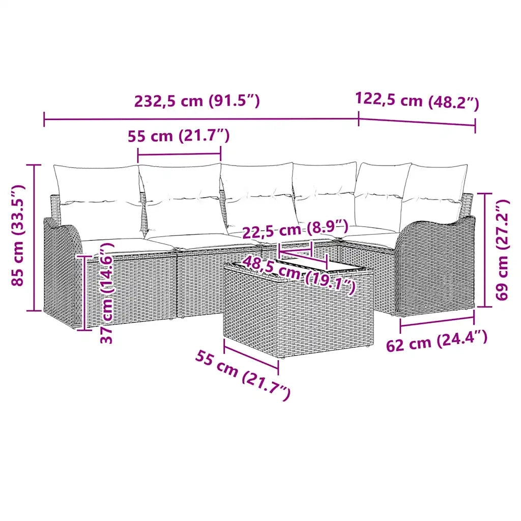Set Divano da Giardino con cuscino 6 pcs Nero Poly Rattan 3345707