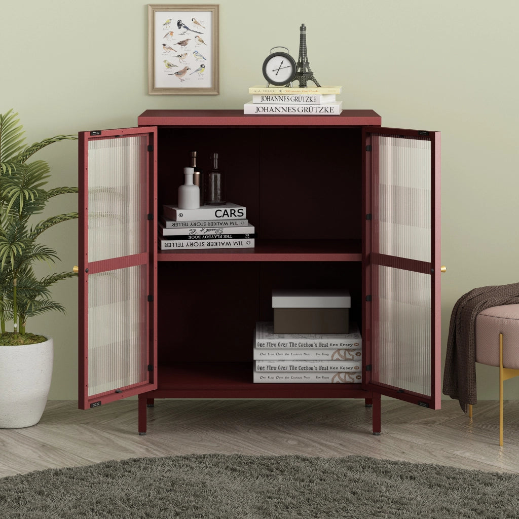 Credenza Säkylä Comò con Ante in Vetro Scanalato 84x64x35 cm Rosso Vino [en.casa]
