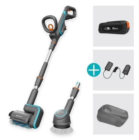 Gardena 14842-20 AquaBrush Universal Dispositivo di Pulizia Elettrico per Patio Alimentazione Batteria 18 V Capacita' 2,5 Ah Colore Verde Grigio Arancione