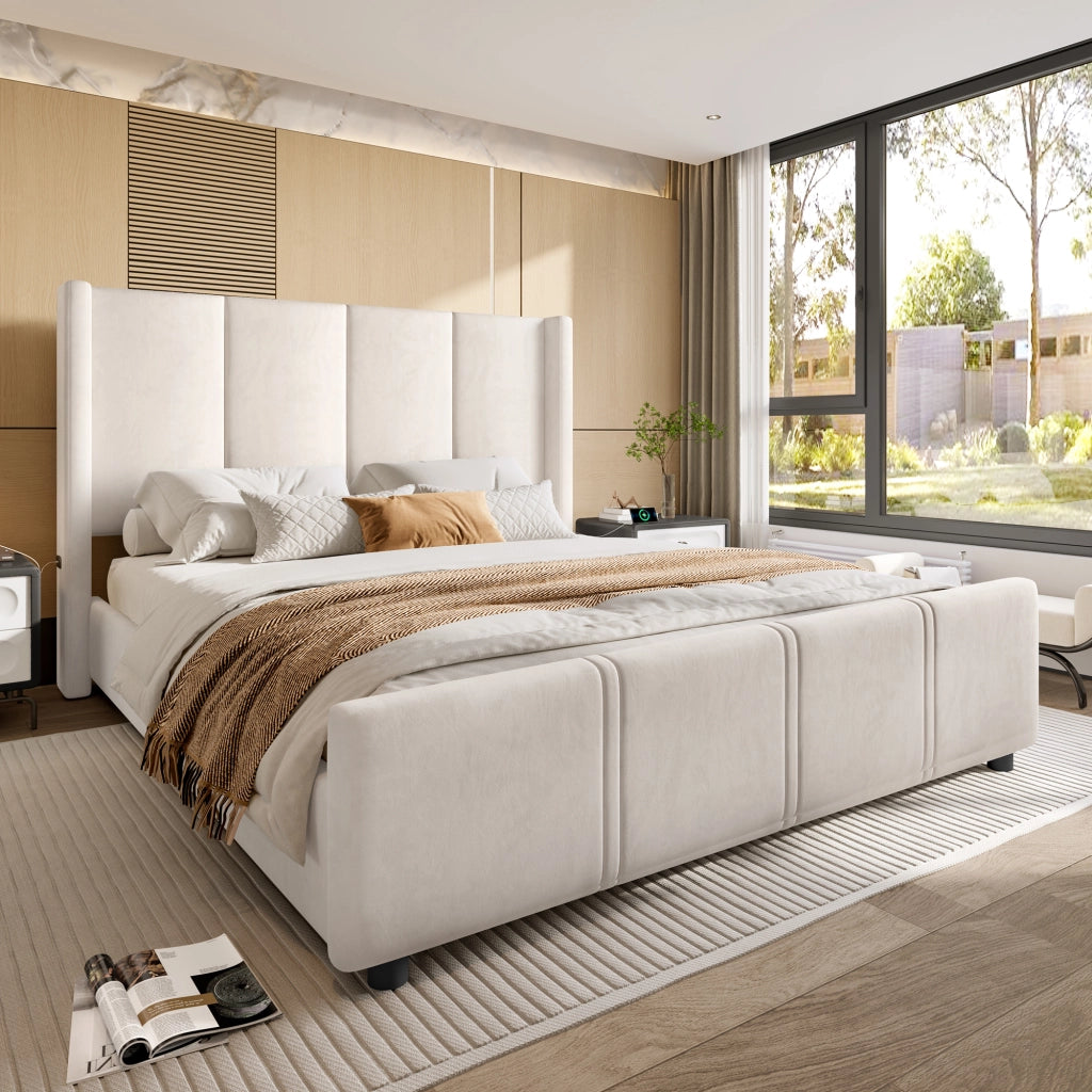 Letto Matrimoniale 140 x 200 cm; USB e Type-C; Testiera Alta e Pediera Alta; in Velluto Beige