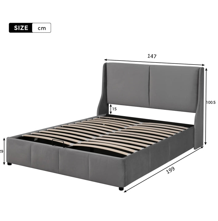 Letto imbottito con contenitore; design a orecchie; 140x190 cm; velluto grigio