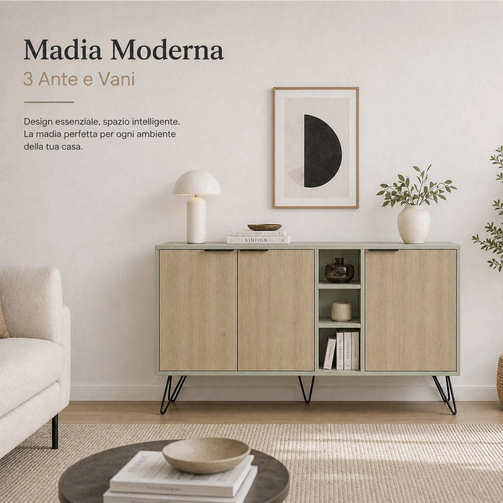 Madia Moderna Credenza con 3 Ante e Vani a Giorno 142x83 cm Quercia e Verde