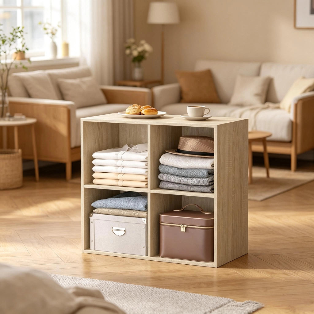 Libreria a cubi 4 ripiani in legno ingegnerizzato, finitura rovere, 59,6 x 59,8 x 29 cm