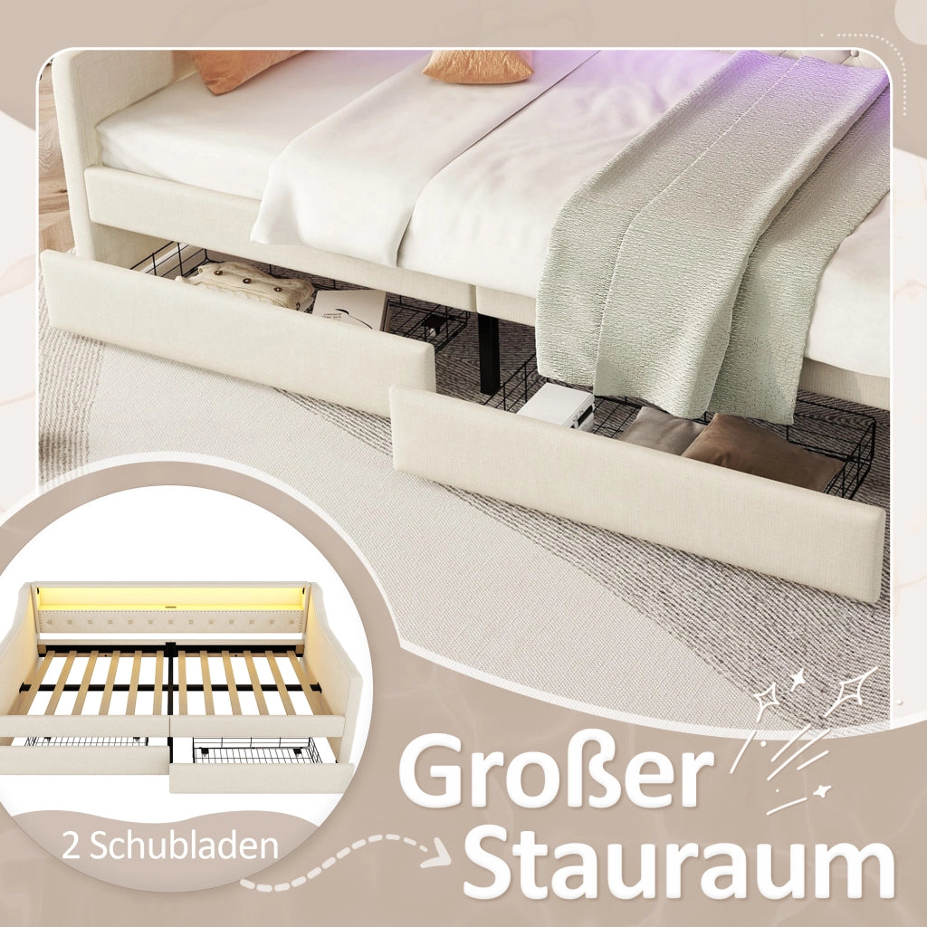 OKWISH Letto a Divanetto 90×200 cm, Letto Singolo con LED Multicolore, 2 Cassetti, USB e Telecomando, senza Materasso, in Lino, Beige