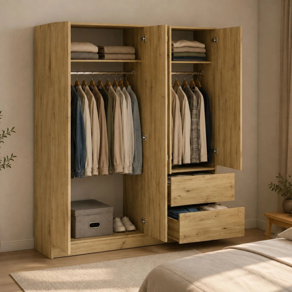 Armadio Camera da Letto Lesomiha, Guardaroba Grande 2 Ripiani, 195x205h cm Marrone Rovere Nodi