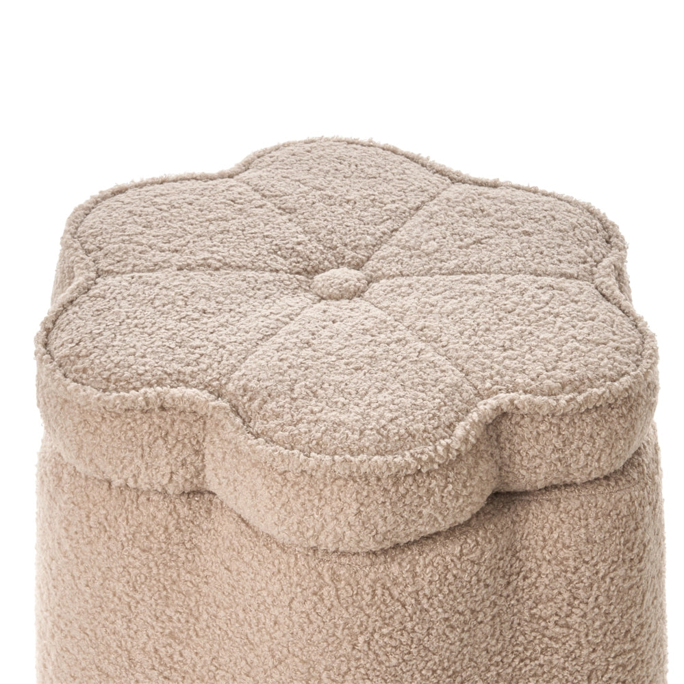 Pouf in bouclè beige con vano portaoggetti motivo floreale per soggiorno e camera da letto stile scandinavo