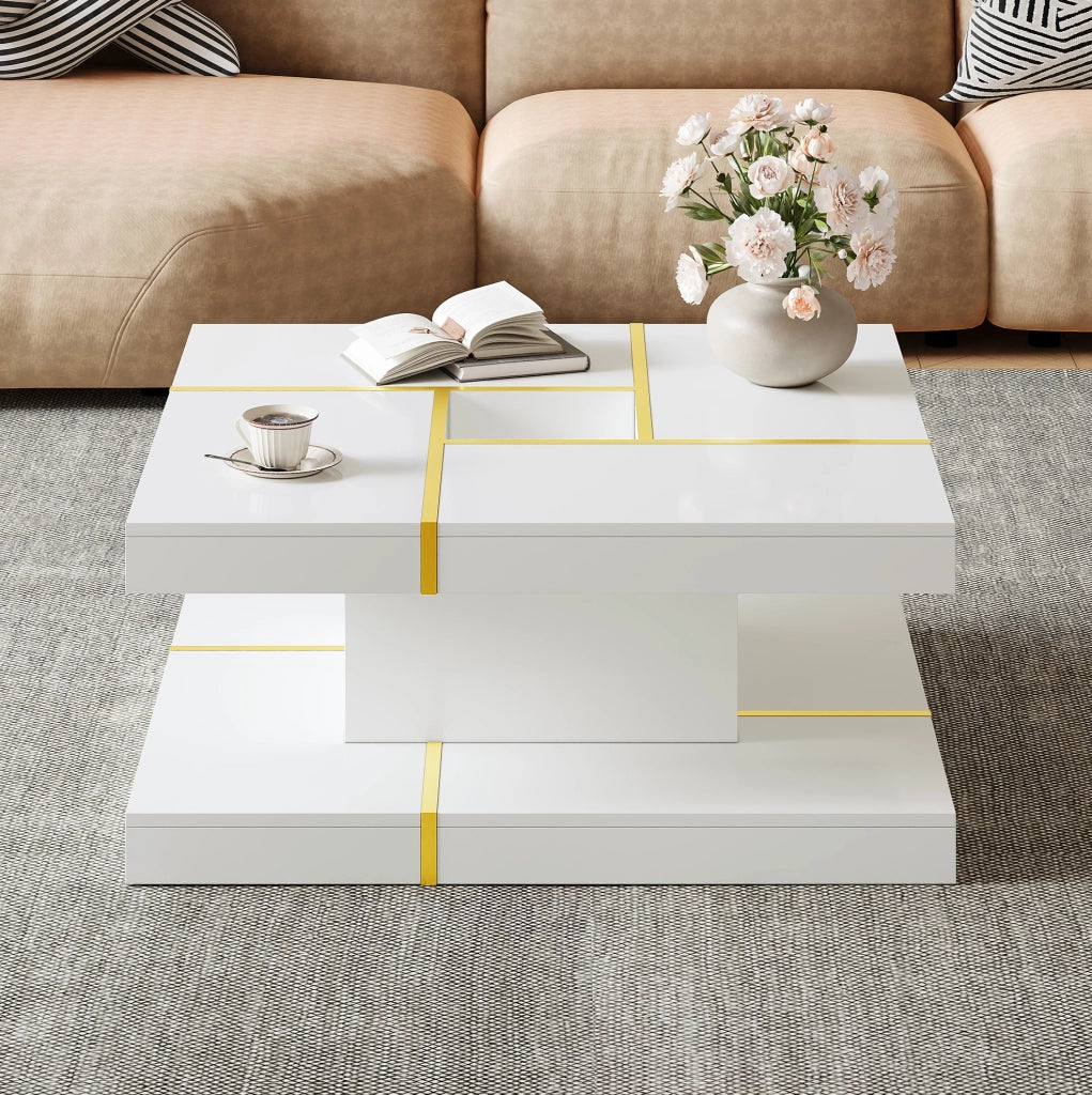 Tavolino da caffè a 2 livelli bianco 80x80 cm con dettagli dorati