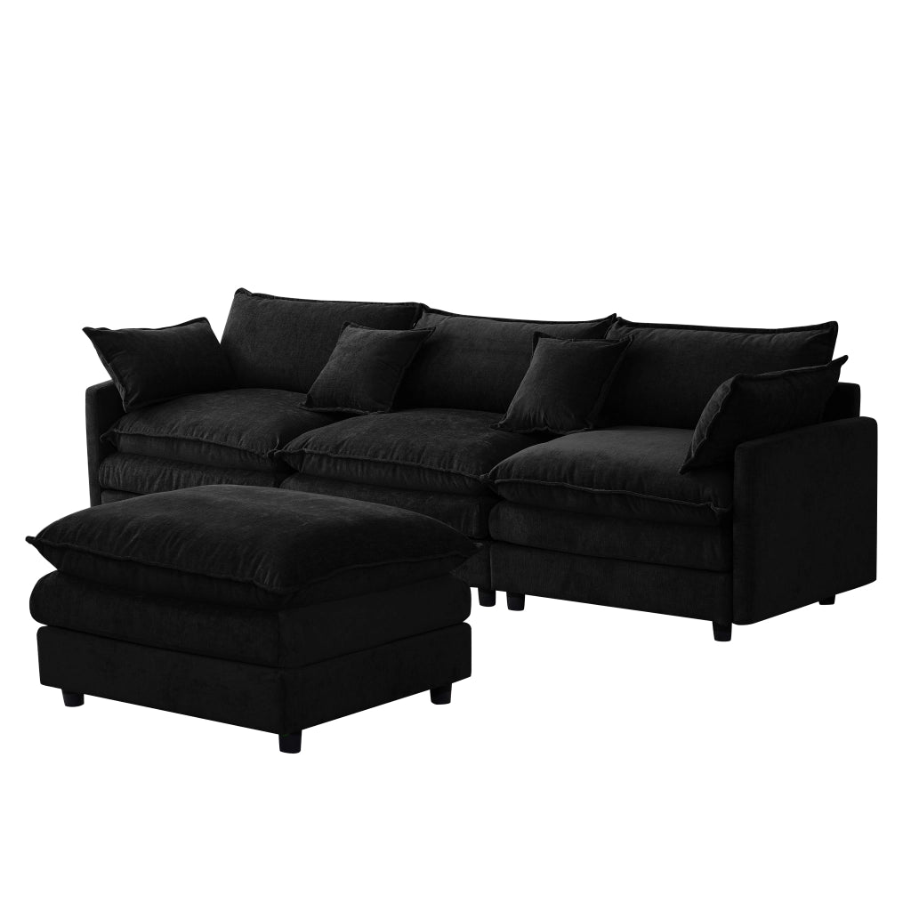 Divano angolare 3 posti con pouf modulare e cuscini - in chenille - nero