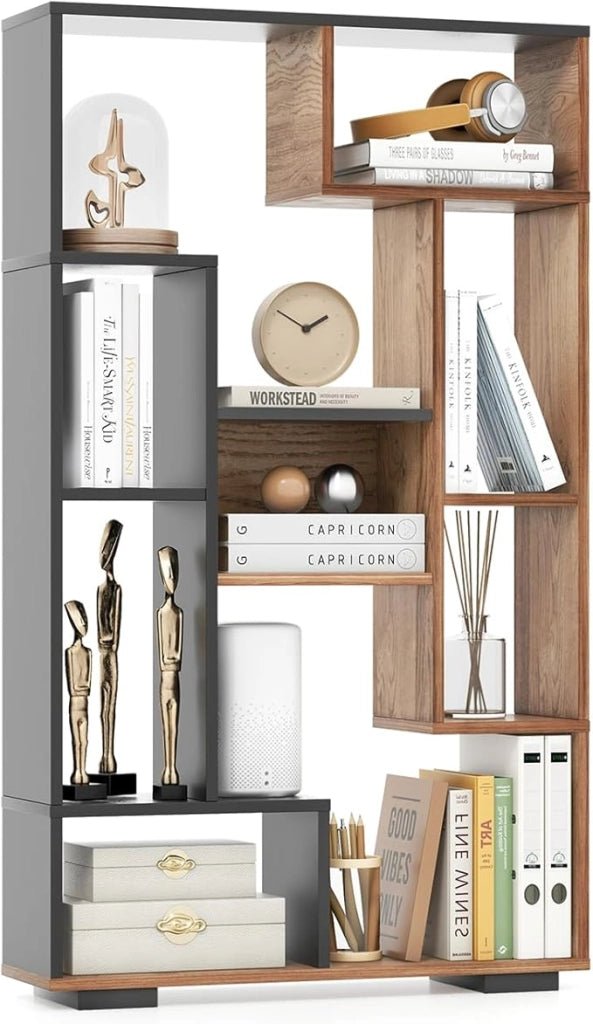 Libreria Geometrica 120 cm, Scaffale per Libri con Ripiani Aperti, Scaffale da Esposizione Moderno con Kit Anti-ribaltamento, Ideale per Casa Ufficio o Soggiorno (Nero+Marrone)