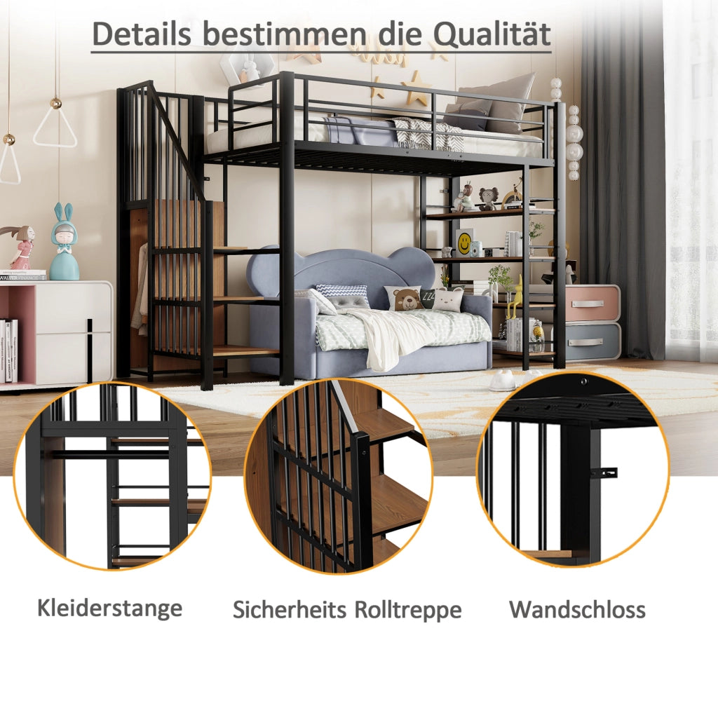 Letto a castello 90x200 cm in ferro con scala di sicurezza, armadio piccolo e ripiani, design con alta barriera, colore nero