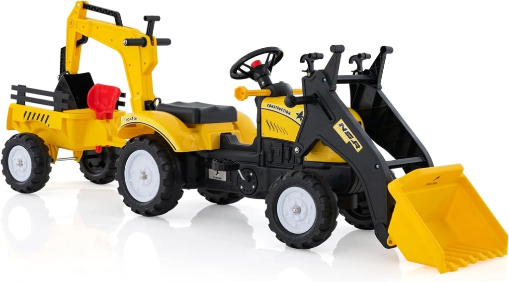 3 in 1 Escavatore per Bambini, Trattore con Rimorchio Staccabile Cavalcabile per Bambini, con 6 Ruote e 2 Benne, per 3-6 Anni (Giallo)