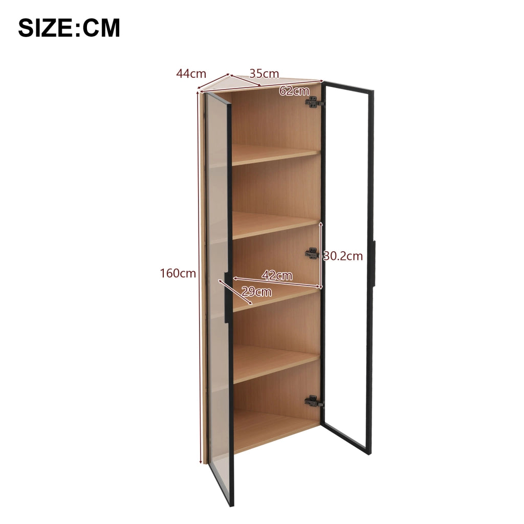 Vetrina Ad Angolo con 1 Anta e LED; Telaio in Alluminio; Stile Moderno; in MDF e Vetro Temperato; Rovere; 62??35??160 cm