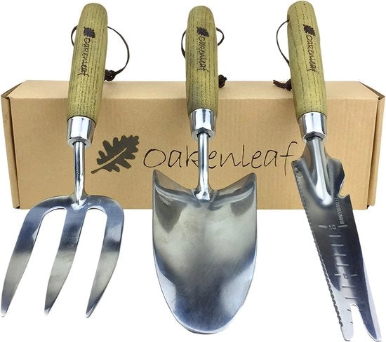 Set di giardinaggio 3 in 1 di grandi dimensioni in acciaio inox con manico di legno, zappa, forchetta e multitool