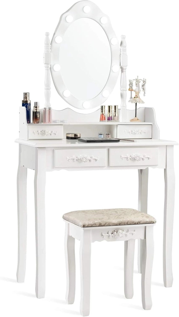 Toeletta Trucco, Postazione Trucco in Legno con Sgabello, 4 Cassetti e Specchiera Rimovibile Girevole a 360° con 10 LED Dimmerabili, Portata di 100+25 kg, 75x40x146cm (Bianco)