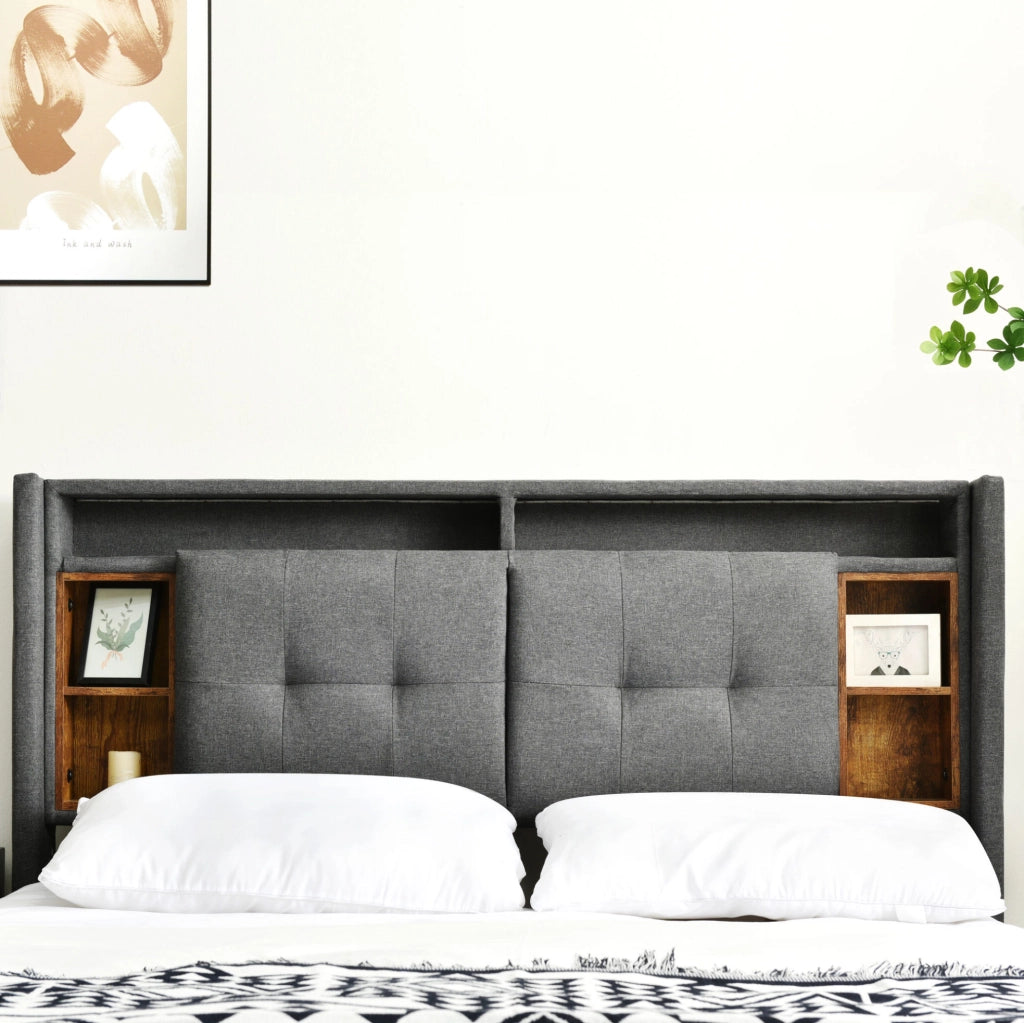 Letto imbottito con testiera contenitore, USB, prese e LED, 140x200 cm, grigio