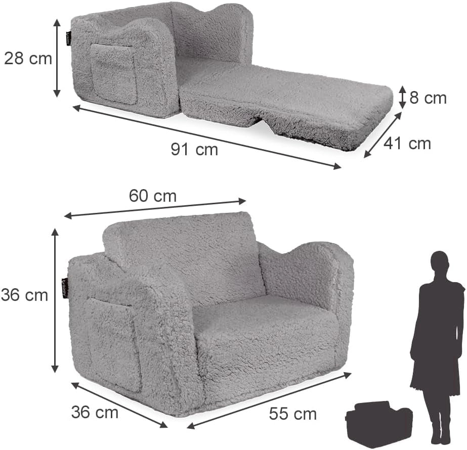 Poltrone per bambini Conni, Grigio, 60 x 36 cm Pieghevole, con rivestimento rimovibile e seduta pieghevole