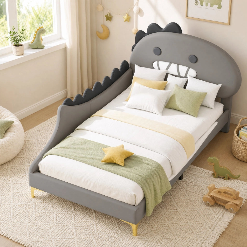 Letto per bambini 90x200 cm a forma di dinosauro in PU e MDF, grigio