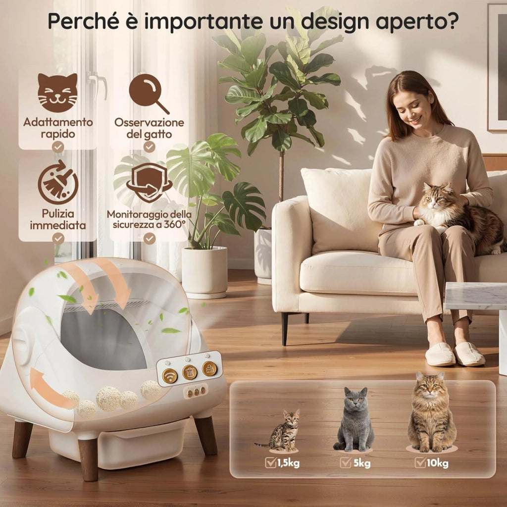 Lettiera Gatto Autopulente, Controllo tramite APP, Aperta Lettiera Automatica Gatto, XXL, per Gatti fino a 15 kg, Autopulizia per 15 Giorni, Adatta per Famiglie con Più Gatti