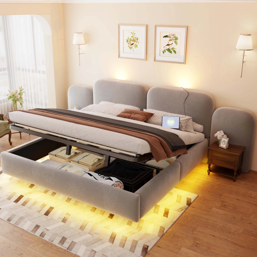 Letto imbottito 180x200 cm con contenitore idraulico, LED RGB e USB-C in velluto grigio