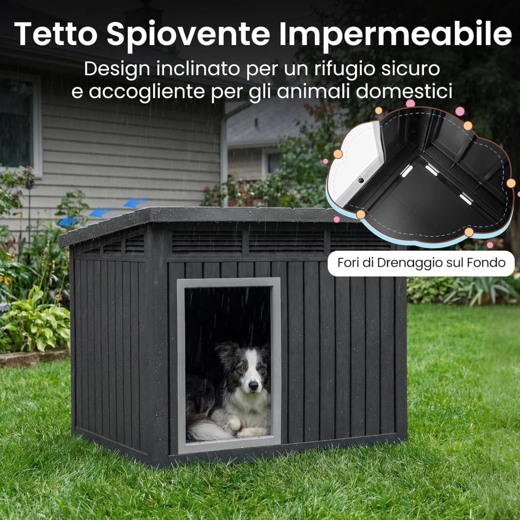 Cuccia per Cani, Cassetta per Animali Domestici in PP con Tetto Inclinato Apribile, Finestre Ventilate a Lamelle e Soglia Rialzata, Cuccia da Interna ed Esterna, 81 x 64 x 61 cm