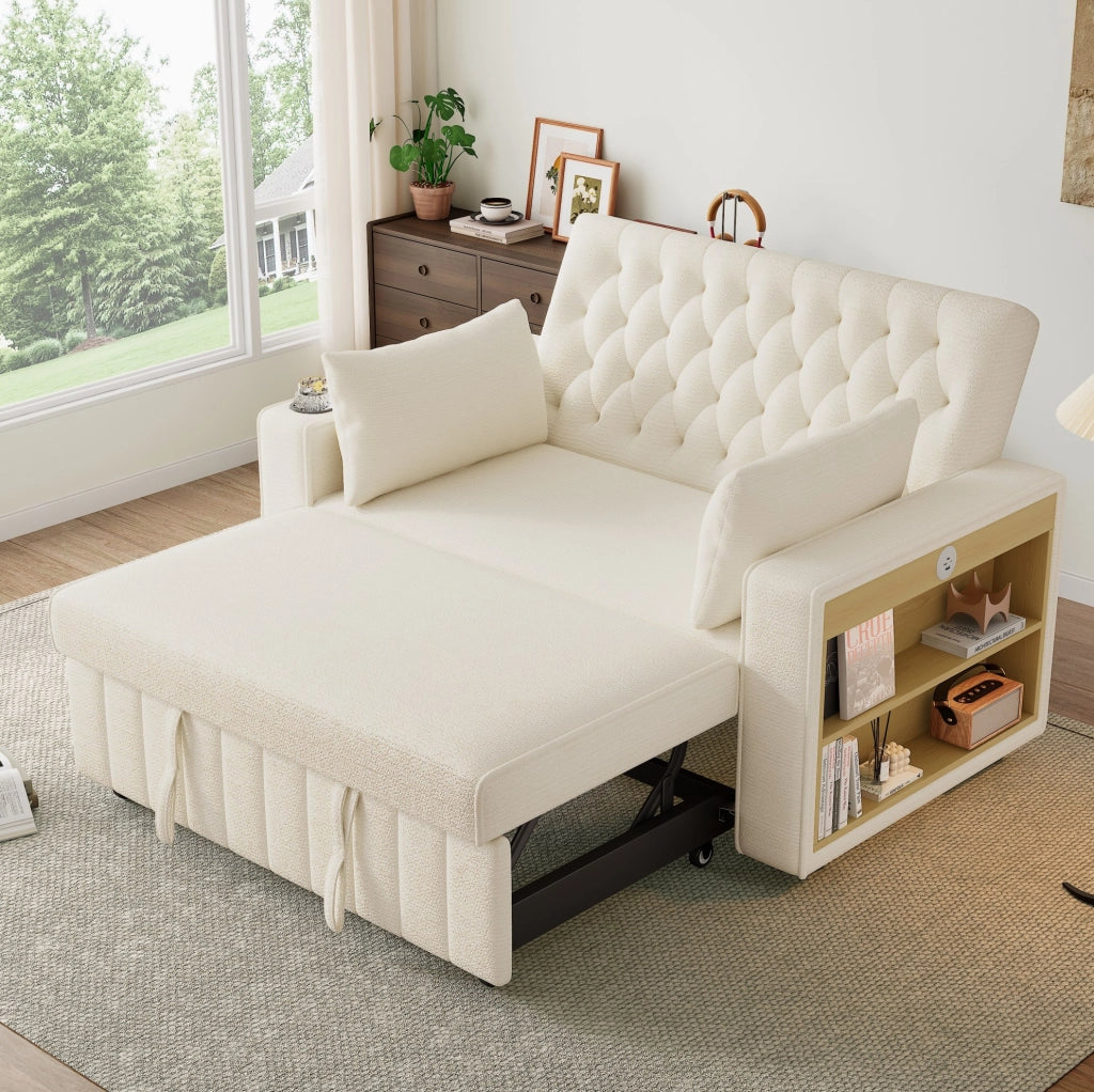 Divano letto 140x137x84 cm con schienale regolabile e portabicchieri in chenille beige