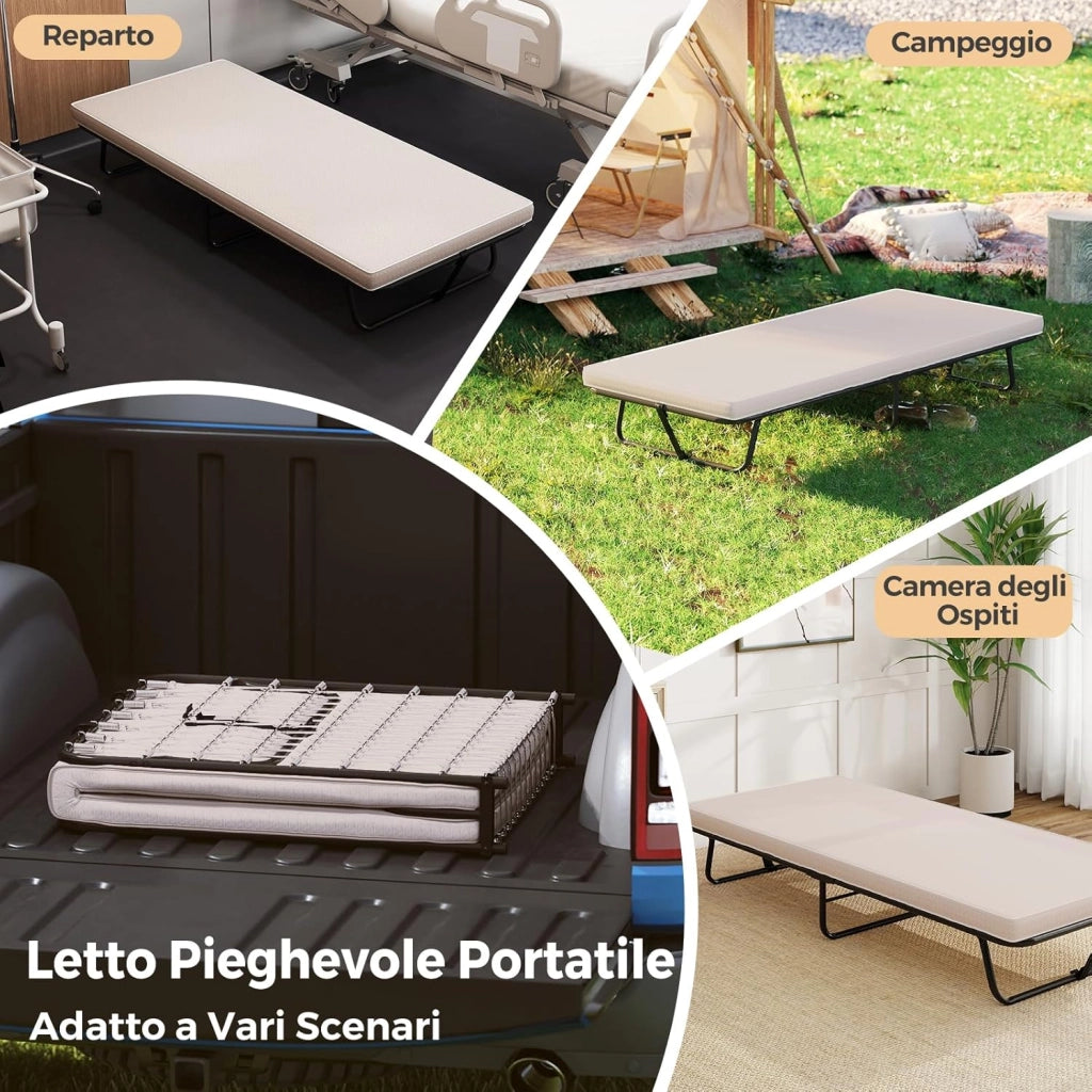 Brandina Pieghevole con Materasso, in Memory Foam, Lettino Pieghevole Robusta e Molle Resistenti, Made in Italy, 190 x 80 cm, Carico 120kg (Stile 2 Beige)