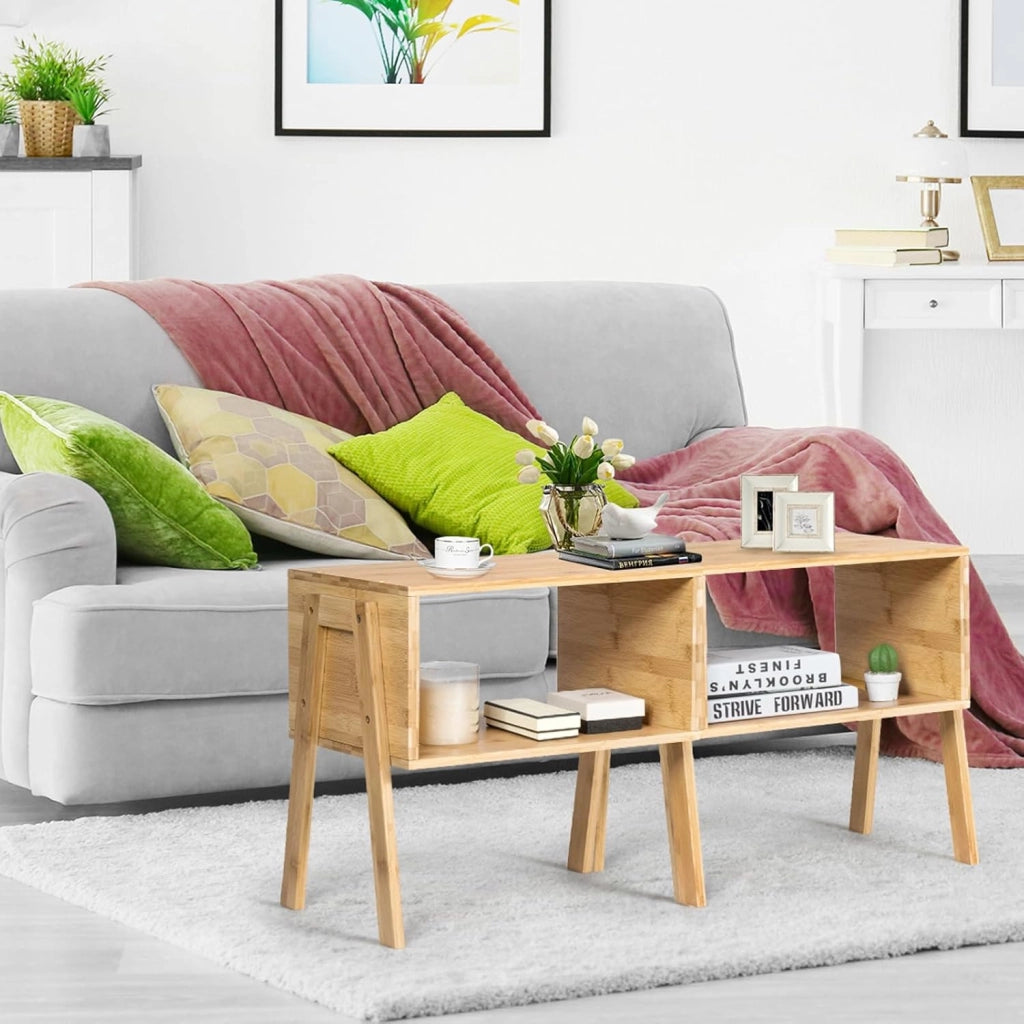Set di 2 Tavolini da Salotto, Set di 2 Comodini in Bambù con 2 Ripiani Aperti e Gambe Robuste, Tavolini da Divano e Letto, 43 x 29 x 42cm