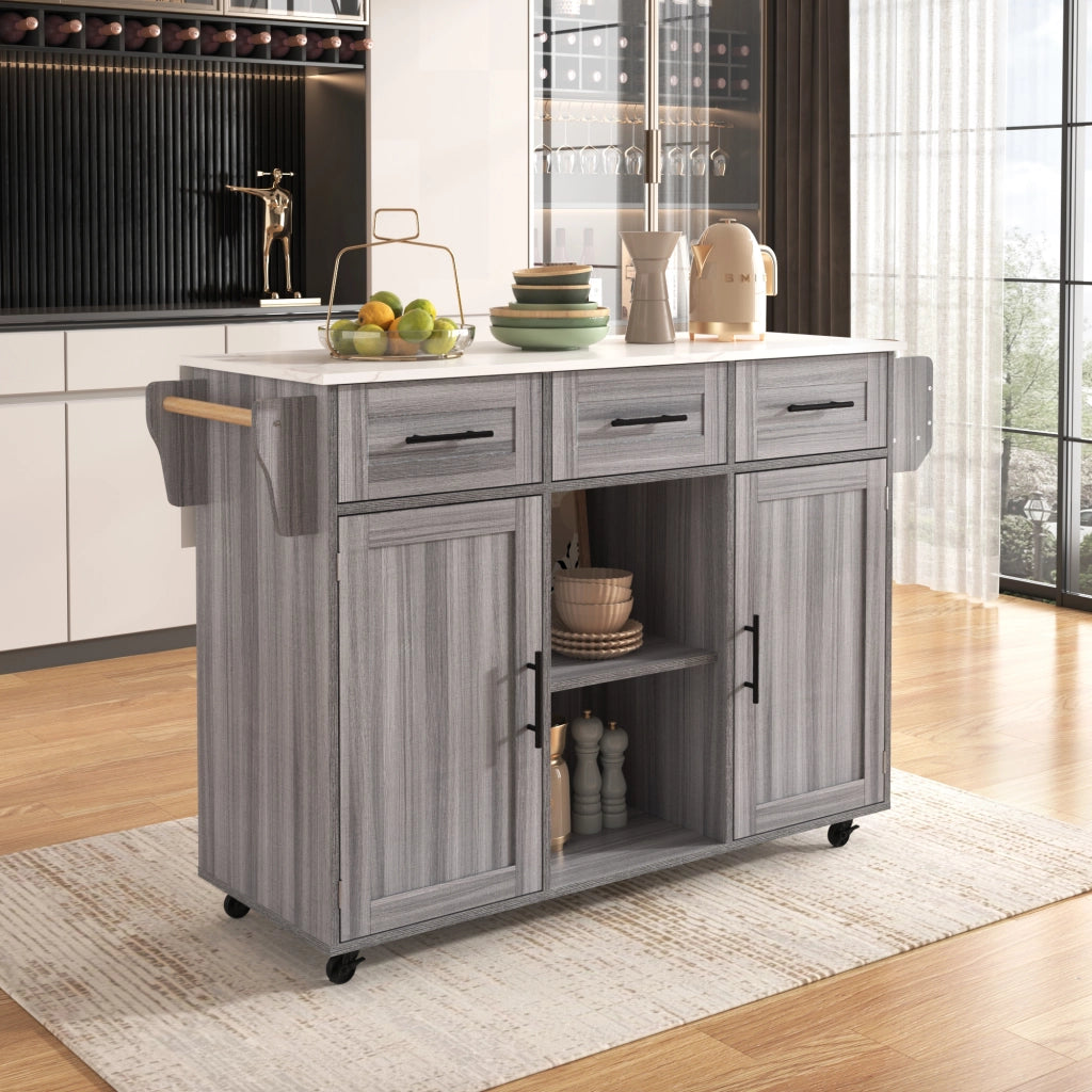 OKWISH Carrello da cucina con 3 cassetti e 3 ante, piano ribaltabile e portasalviette, MDF, 139 x 46 x 91.5 cm