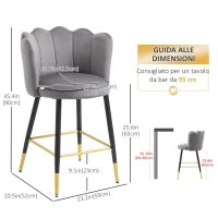 Set da 2 Sgabelli da Bar Vellutati con Poggiapiedi e Base in acciaio, 59x52x90cm, Grigio