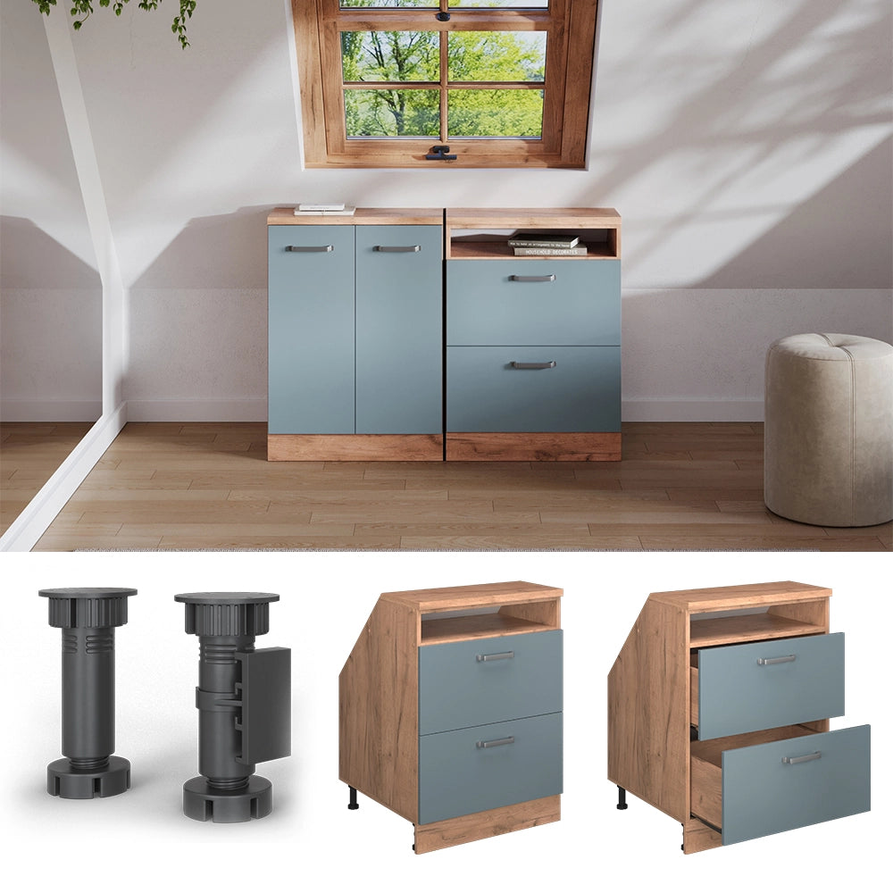 Mobile sottotetto Rion Grigio-blu/Rovere dorato 60 x 83.8 cm con 2 cassetti, carcassa 60 cm profondità Vicco