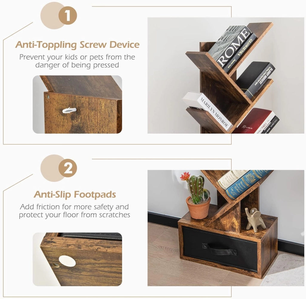 Libreria ad Albero, a 8 Ripiani, Scaffale per Libri con Cassetto Rimovibile, Design di Antiribaltamento, Organizzazione per CD, Riviste, Libri, 38x20x149,5 cm, 4 Colori (Marrone)