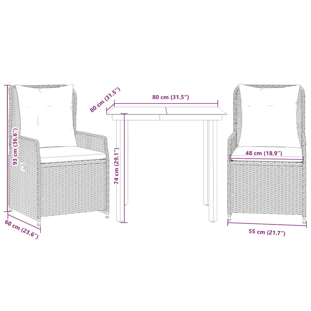 Set da Pranzo da Giardino 3 pz | Set Salotto da Giardino con Cuscini Nero in Polyrattan