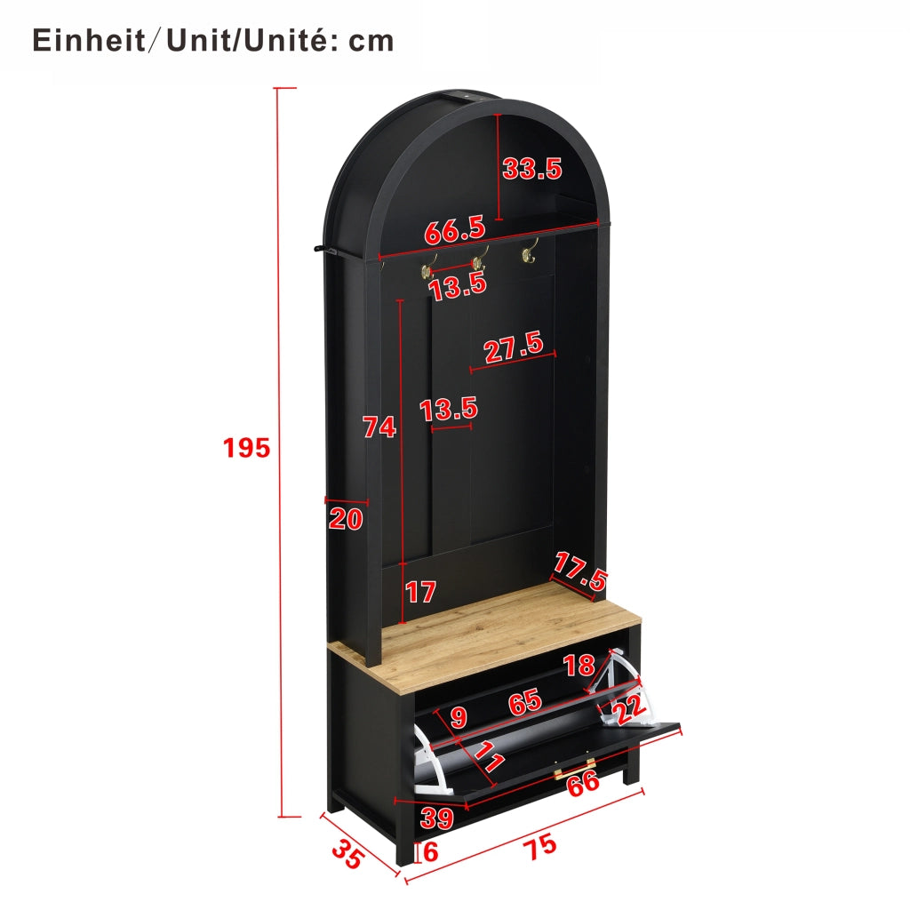 Mobile Ingresso Appendiabiti a Albero con Mensola e Scarpiera; in MDF; Nero e Legno; 75??35??195 cm