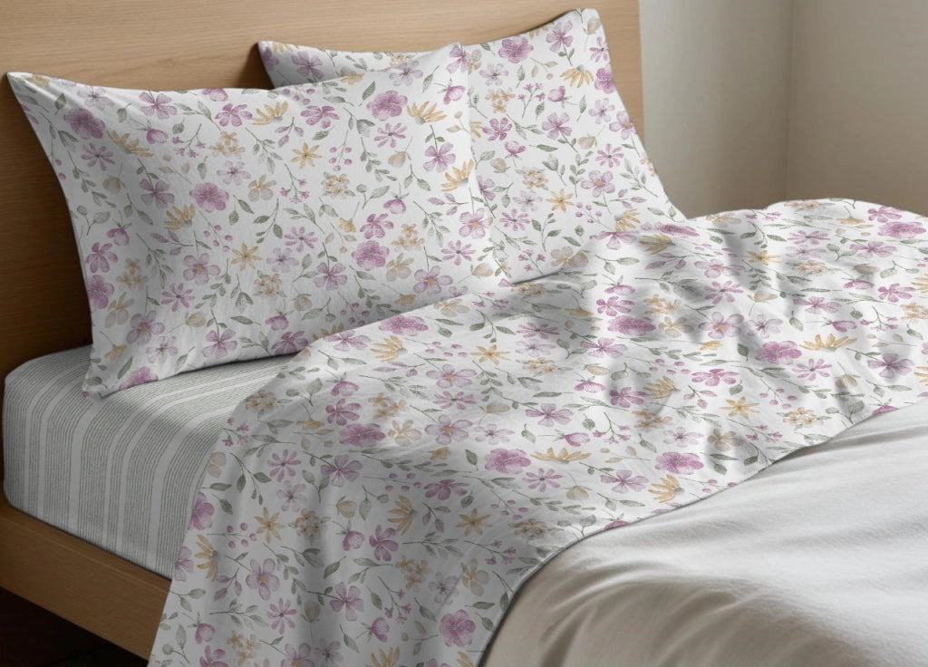 Completo Lenzuola Letto In 100% Cotone Made Italy Disegno Primavera - Francese - Rosa