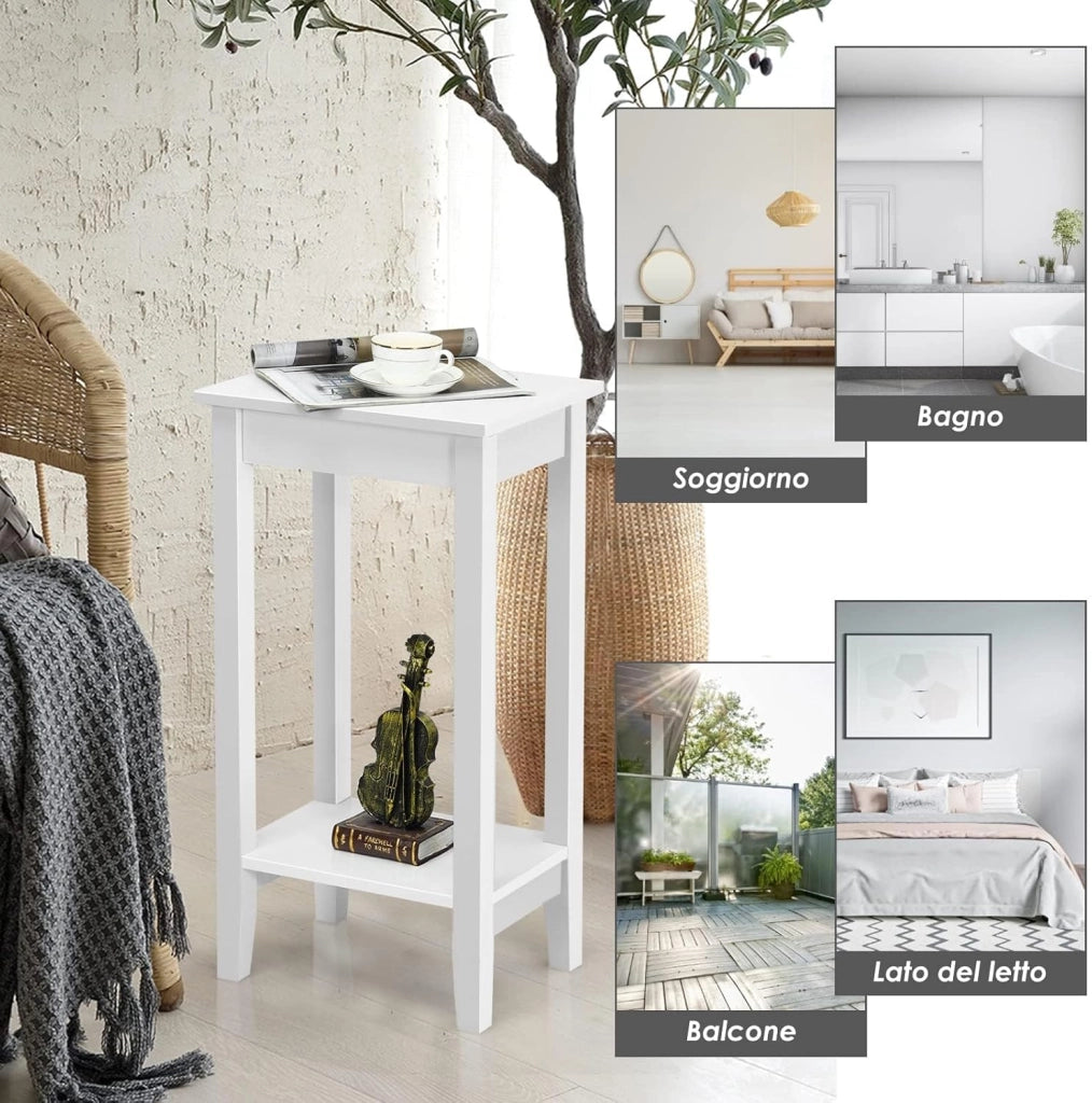 Set di 2 Tavolini da Salotto Alti a 2 Livelli Aperti, Tavolino Comodino in Legno di Pino Massicio, Tavolino Moderno Portaoggetti per Soggiorno e Camera da Letto, 40 x 30 x 73,5 cm (2, Bianco)