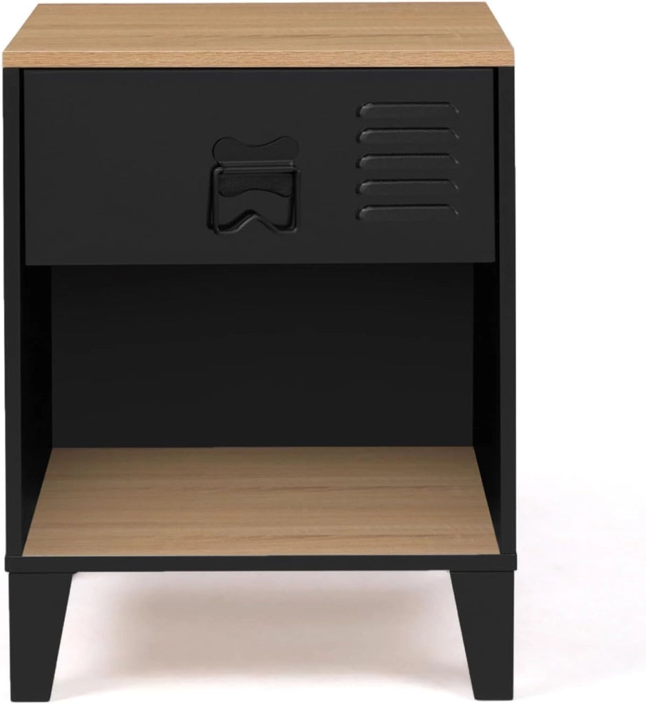 Set di 2 comodini Ester a 1 cassetto in Metallo Nero con nicchia e Piano in faggio in Stile Industriale