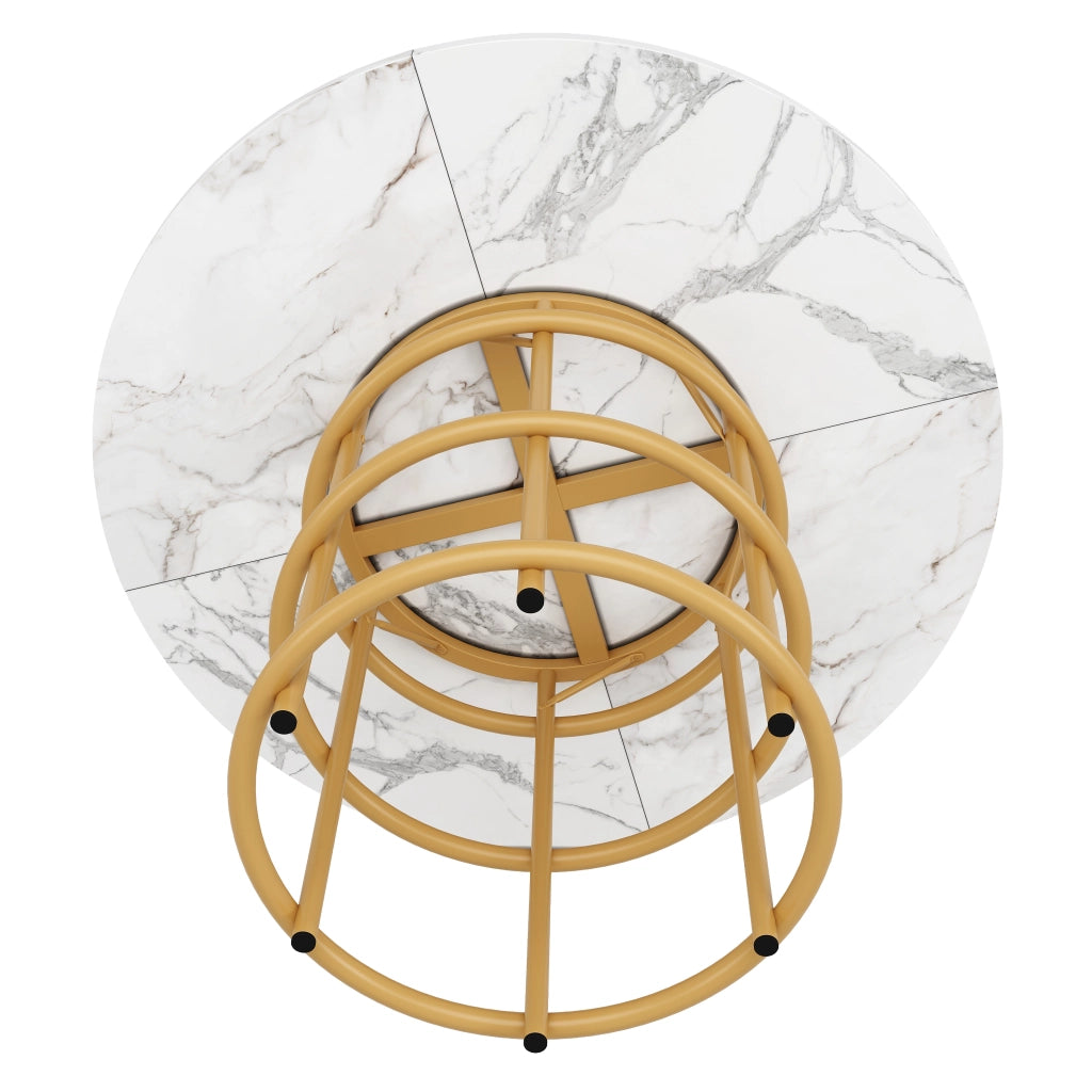 Tavolo da Pranzo Rotondo ¨C MINIMAL ¨C Piano in MDF Effetto Marmo, Gambe in Metallo Dorato, 100x100x76