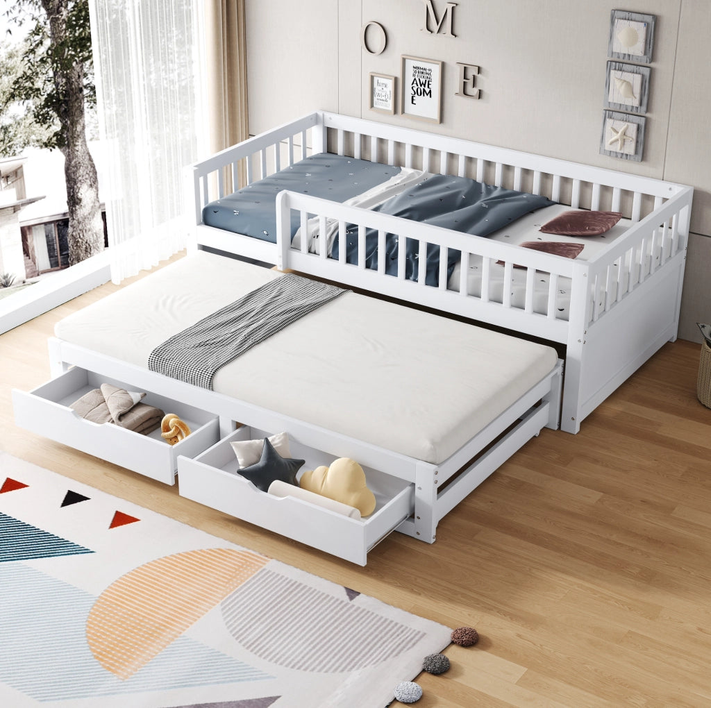 Letto singolo 90x200 cm con letto estraibile; 2 cassetti e rete; bianco