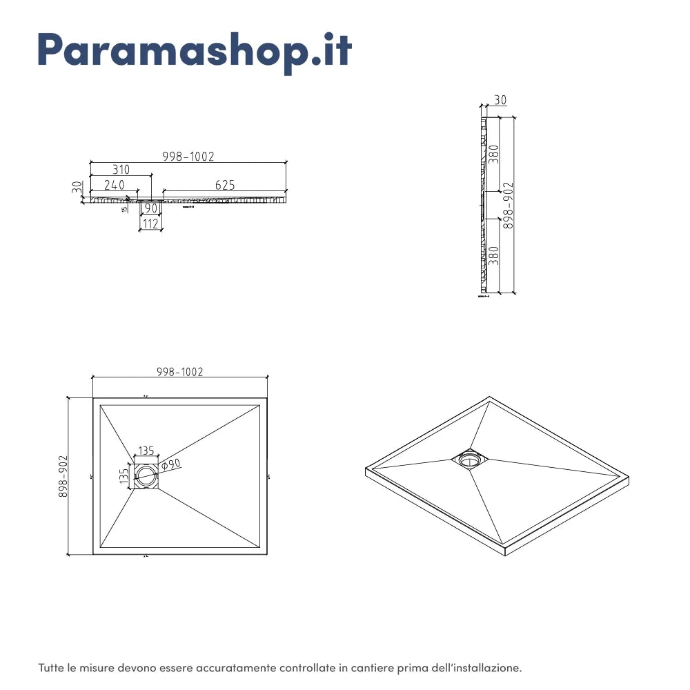 Piatto doccia rettangolare 90x100 cm in marmoresina bianco effetto pietra h3 cm | Milos