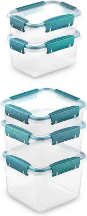 Contenitori di Stoccaggio con Coperchio a Veloce Chiasso, Contenitori di Stoccaggio Aria Tappata, Set di 5: 0.5L, 0.75L, 0.8L, 1.2L, 1.7L, Verde, Inerte al BPA, Plastica, Microonde, Congelatore, Sicuro al Lavarani, Stivabile.