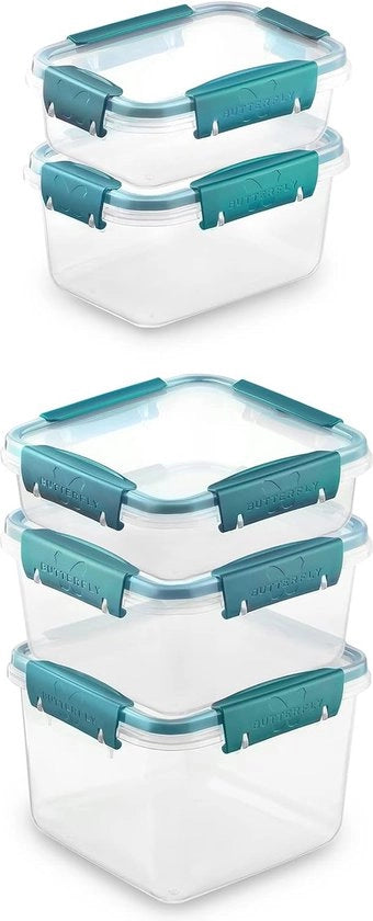 Contenitori di Stoccaggio con Coperchio a Veloce Chiasso, Contenitori di Stoccaggio Aria Tappata, Set di 5: 0.5L, 0.75L, 0.8L, 1.2L, 1.7L, Verde, Inerte al BPA, Plastica, Microonde, Congelatore, Sicuro al Lavarani, Stivabile.