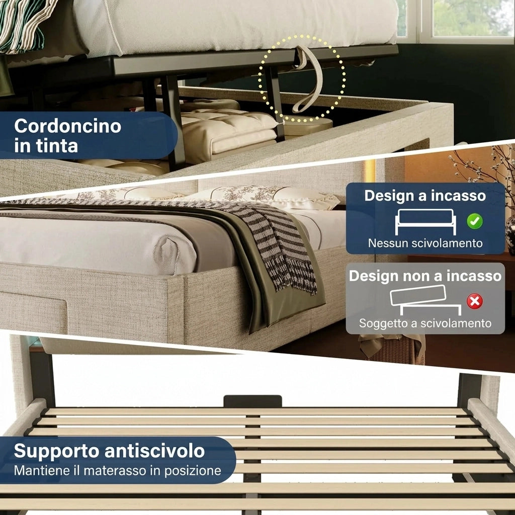 Letto singolo imbottito 90x200 cm con contenitore idraulico; LED e prese USB; lino beige