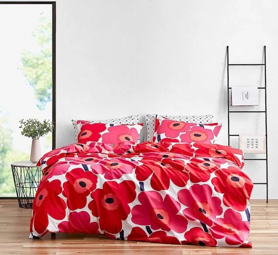 Set di coperte da letto in cotone con cuscini e chiusura in cotone, arredamento per la stanza per tutto l'anno (rosso Unikko, taglia queen)