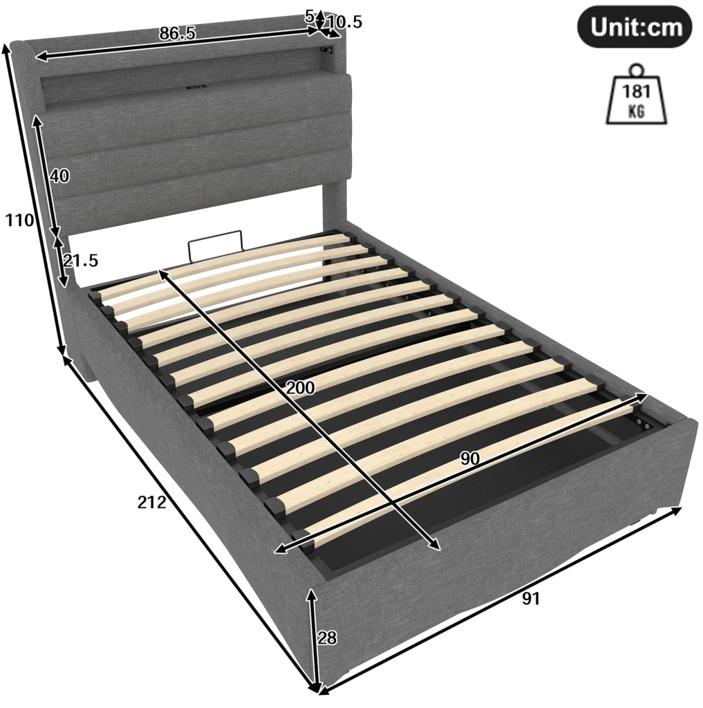 Letto imbottito 90x200 cm con LED; contenitore idraulico; USB e Type-C in lino grigio