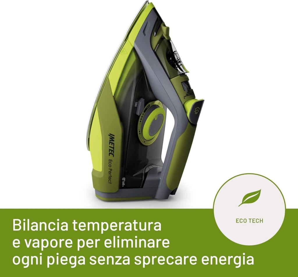 Imetec 9017 Eco Perfect Ferro da Stiro a Vapore 2400W Piastra Pro Ceramic Colpo Vapore 160g Serbatoio 300ml Tripla Protezione Anticalcare colore Verde Grigio
