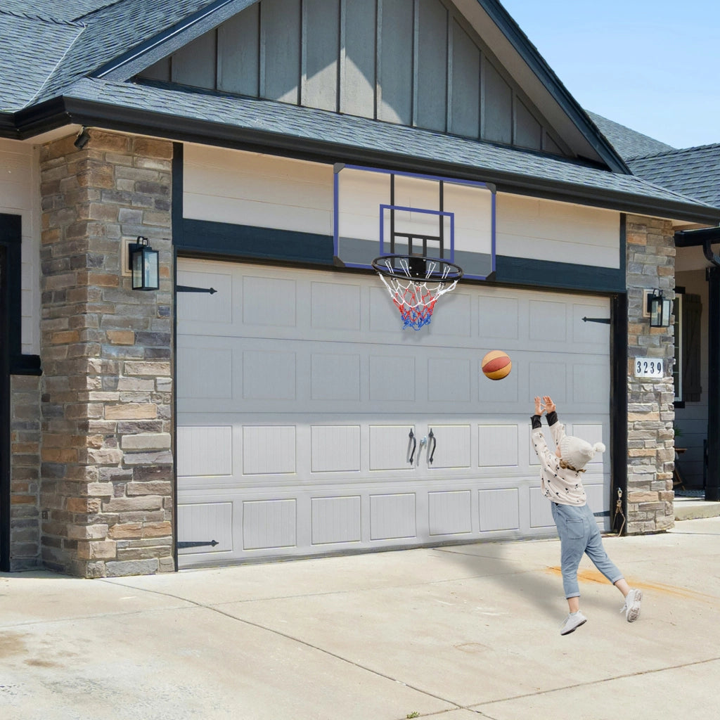 Area giochi canestro da parete con tabellone e anello in pe rattan ferro e tessuto impermeabile nero blu 112 × 72 cm
