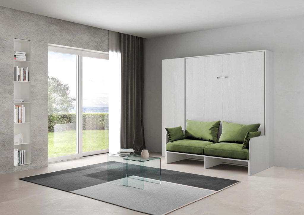 Letto matrimoniale a scomparsa 160 Kentaro con divano e colonna bianco frassino, verde