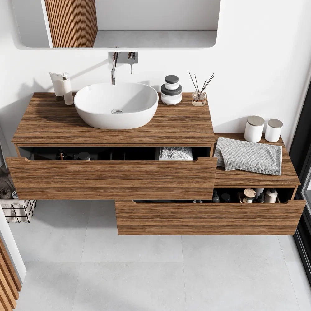 Mobile bagno sospeso modulare 90 cm rovere scuro due cassetti con top | Bako